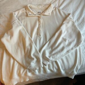 aerie Cream Quilted Snap-Front Pullover Sweater